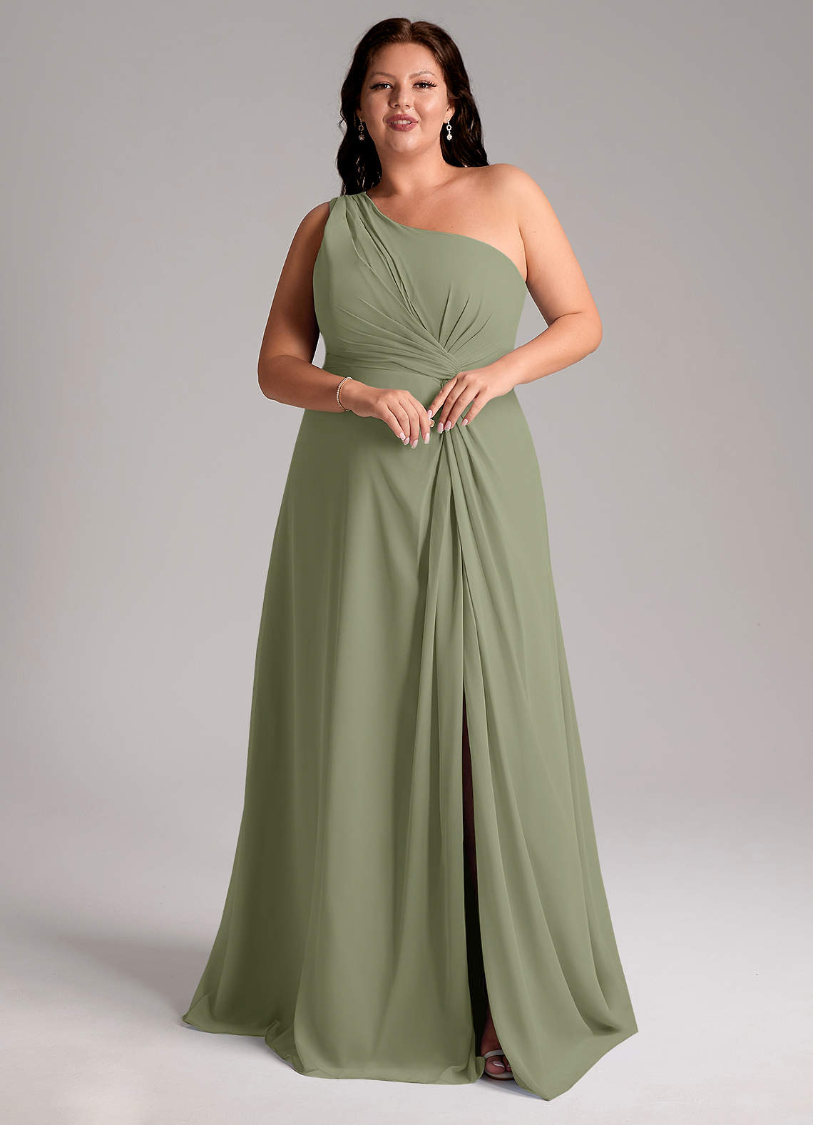 Azazie Brooke Vestidos de madrinha de casamento Vestido Pistache de Chiffon de Linha A com Um ombro image9