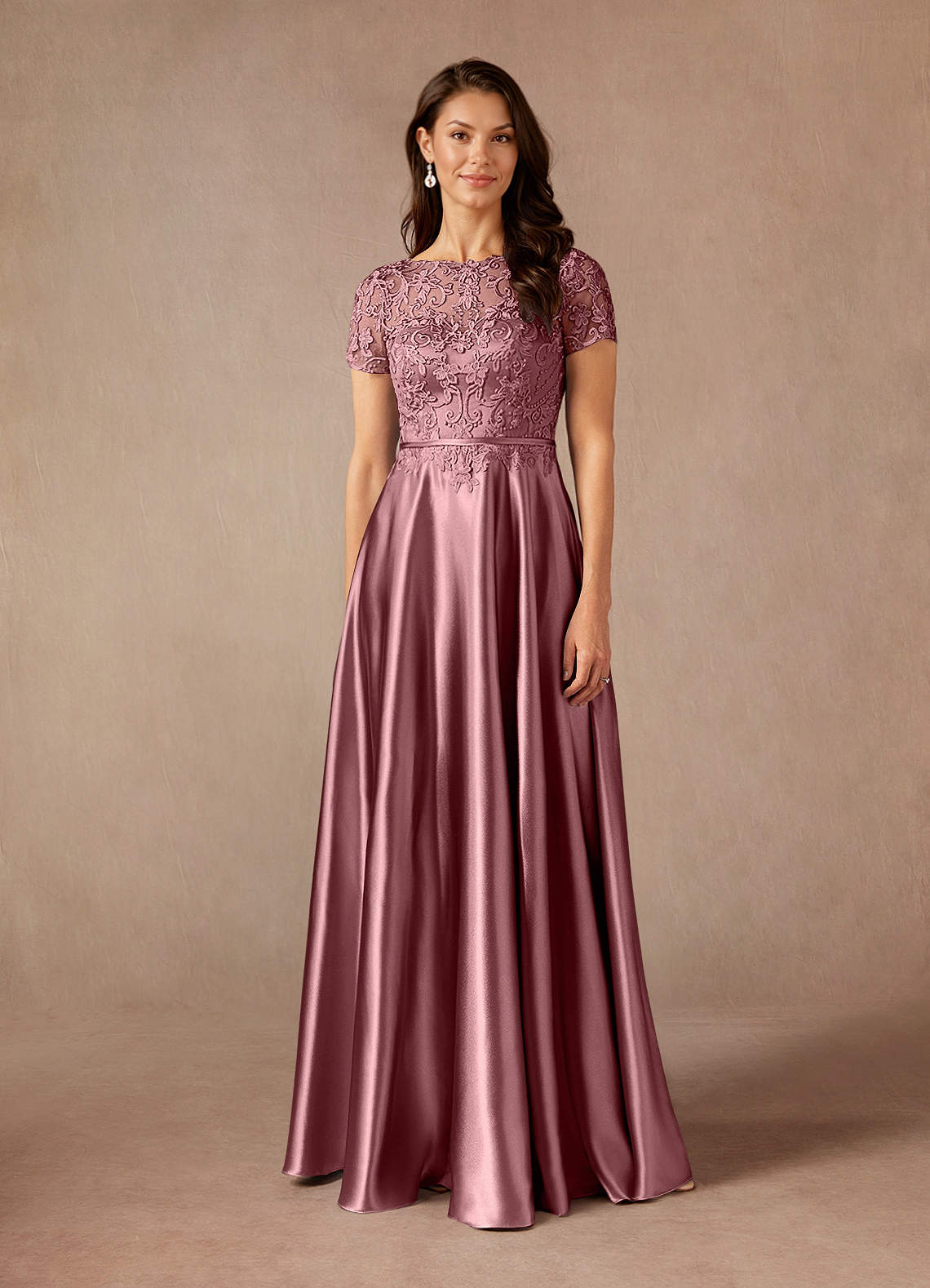 Azazie Adina Mother of the Bride Dresses Vintage Mauve A-Line Lace Metallic Satin Dress image1