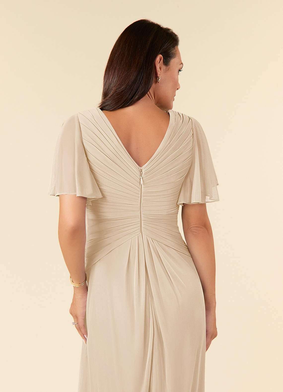 Azazie Emmeline Mother of the Bride Dresses Champagne A-Line V-Neck Pleated Mesh Dress image5