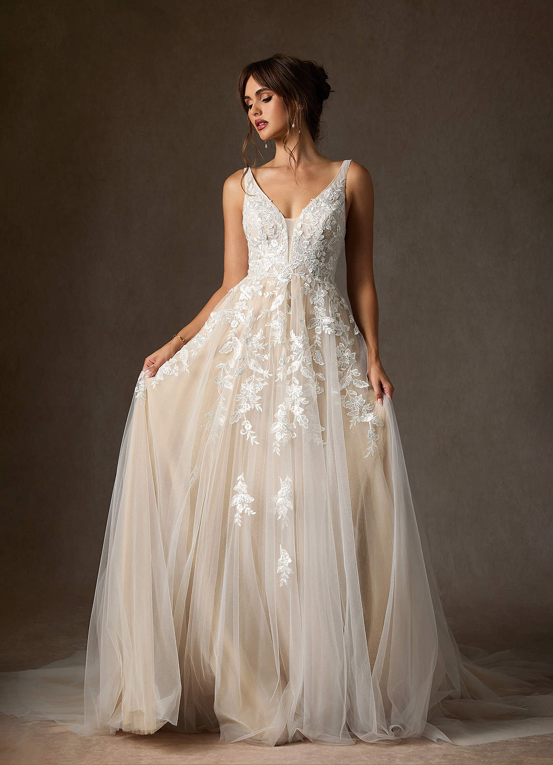 Azazie Sorella Wedding Dresses Diamond White Champagne A-Line V-Neck Sequins Tulle Dress image5