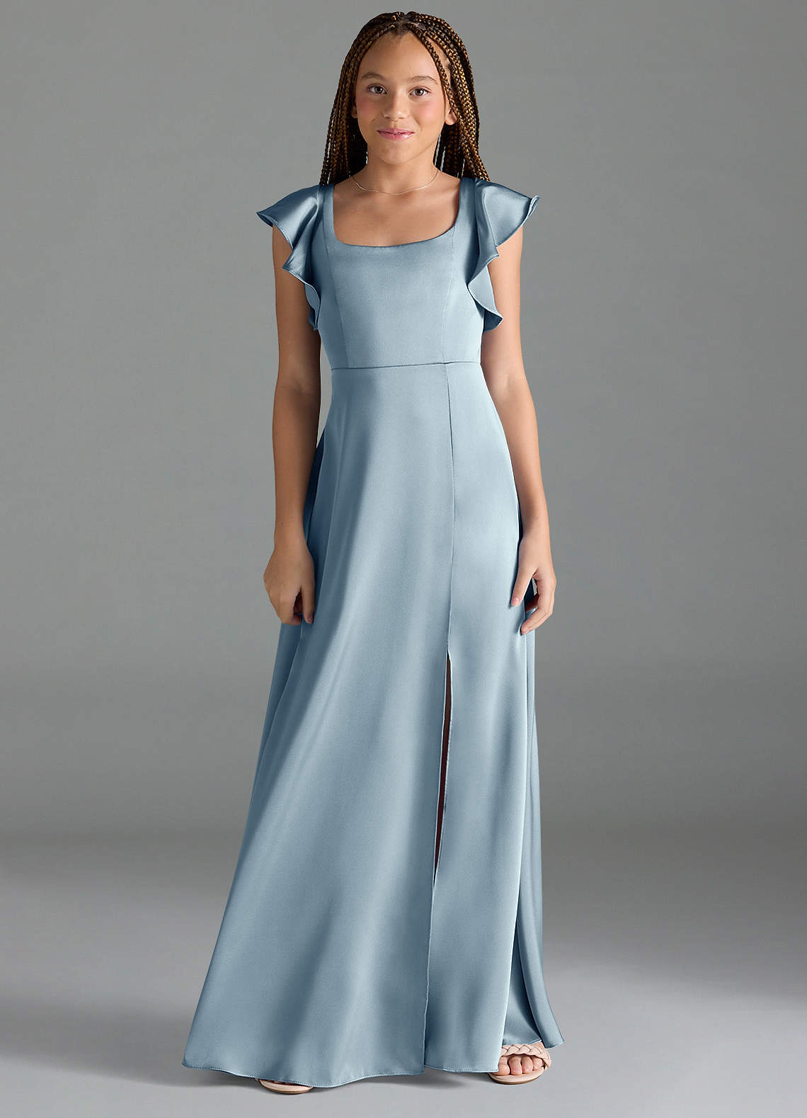 Azazie Bondi Junior Dusty Blue A-Line Side Slit Stretch Satin Dress image1