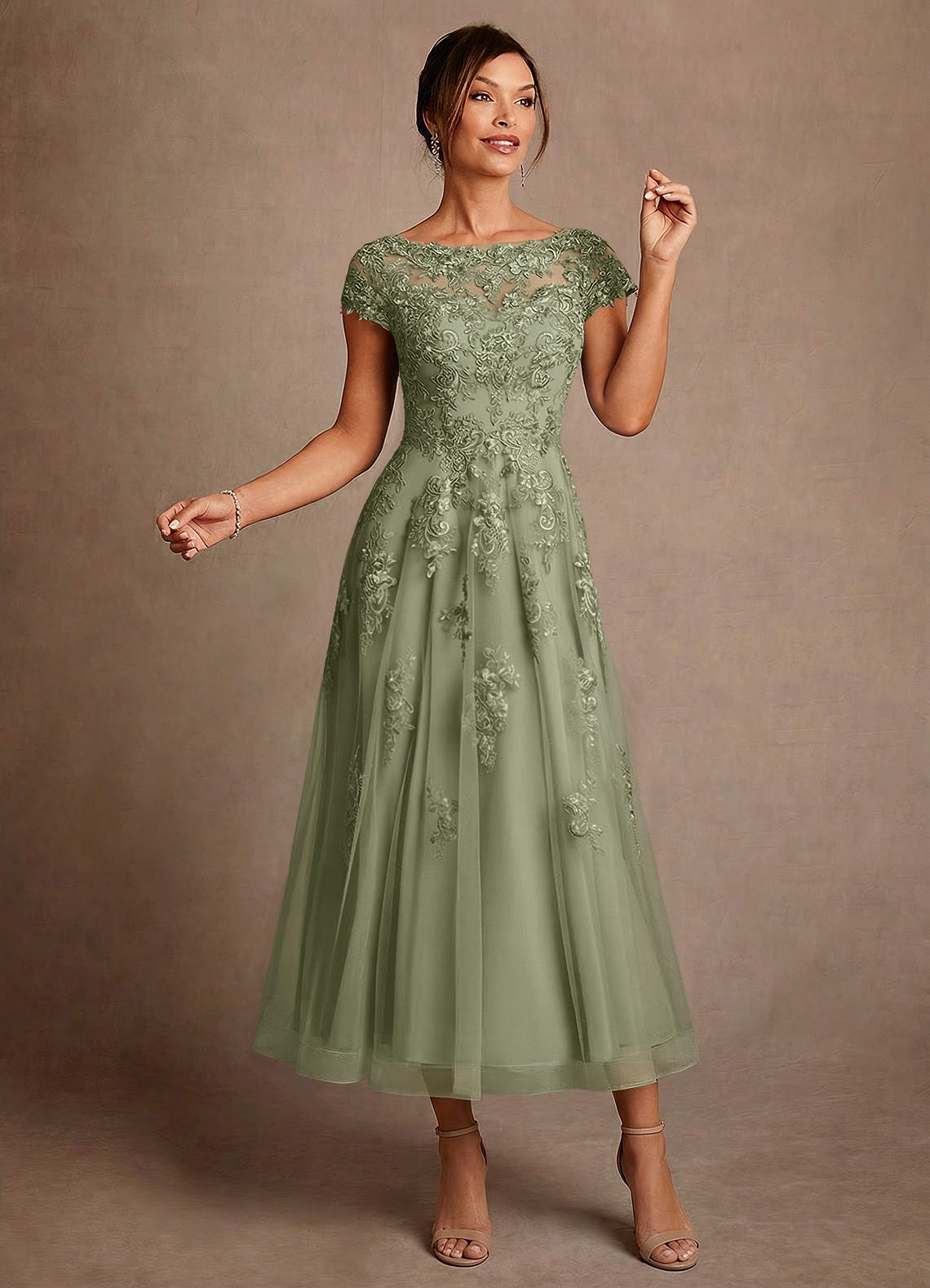 Azazie Jolanda Mother of the Bride Dresses Pistachio A-Line Lace Dress image2