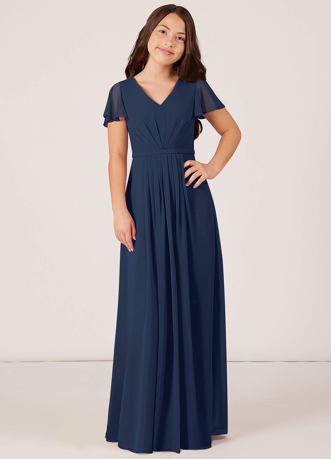 Azazie Peony Junior Dark Navy A-Line Pleated Chiffon Dress image1