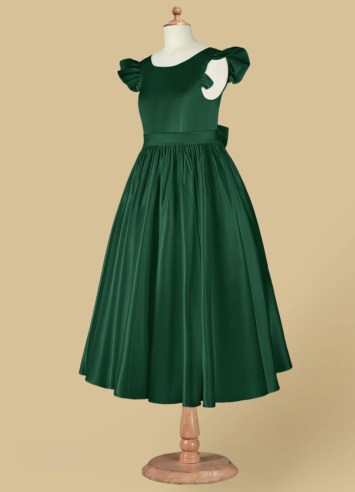 Azazie Ball Gown Scoop Neck Tea Length Matte Satin Flower Girl Dresses Dark Green