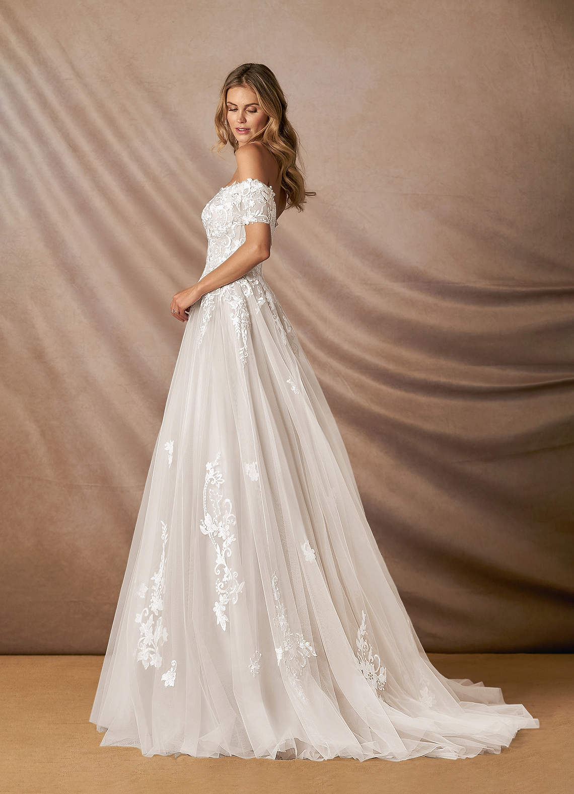 Azazie Rowe Wedding Dresses Diamond White Champagne Ball-Gown Off the Shoulder Tulle Dress image3