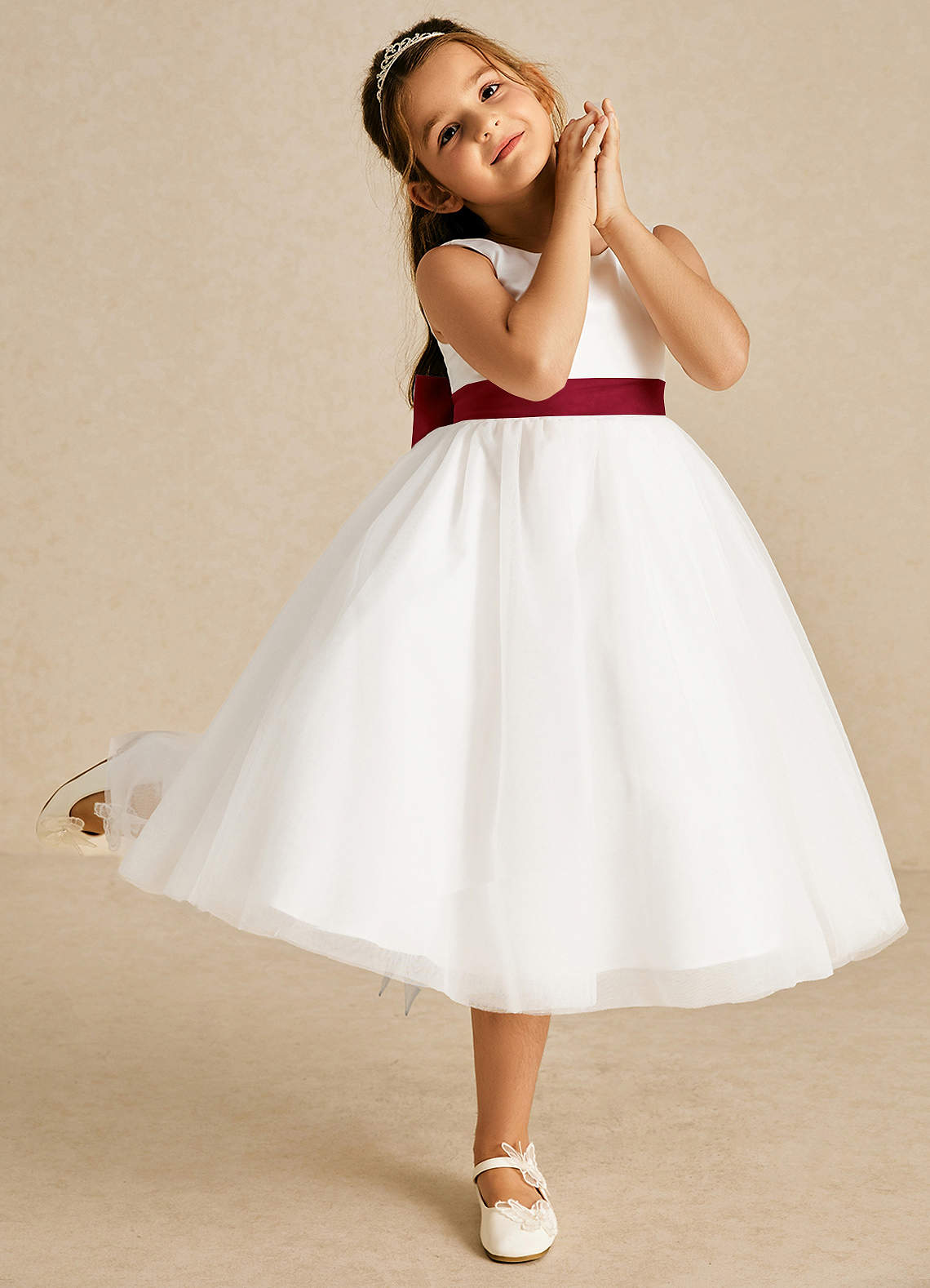 Azazie Kavi Flower Girl Dresses Ivory Burgundy A-Line Bow Matte Satin Dress image4