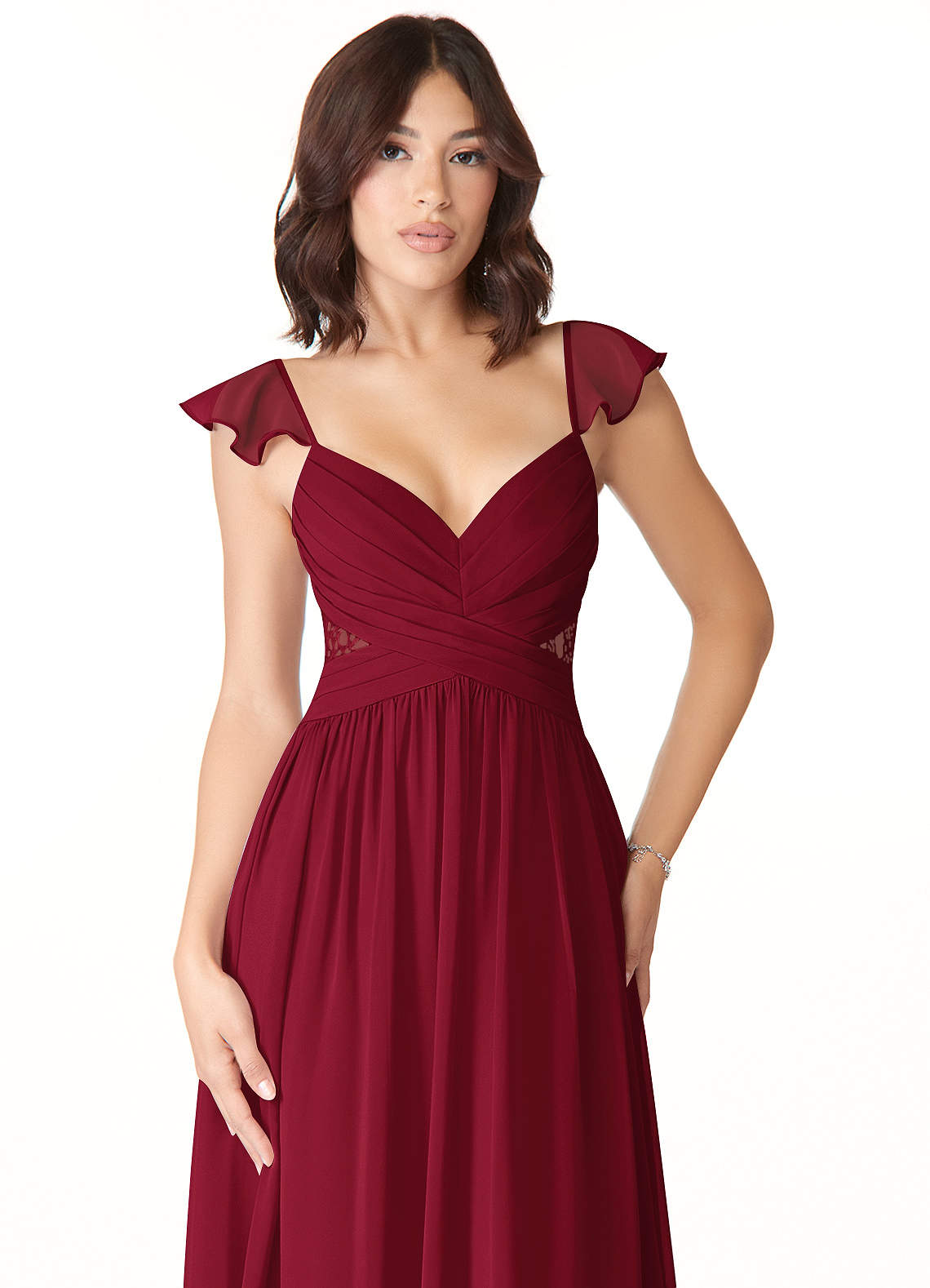 Offers Azazie burgundy bridesmaid chiffon dress with side slit, size A10