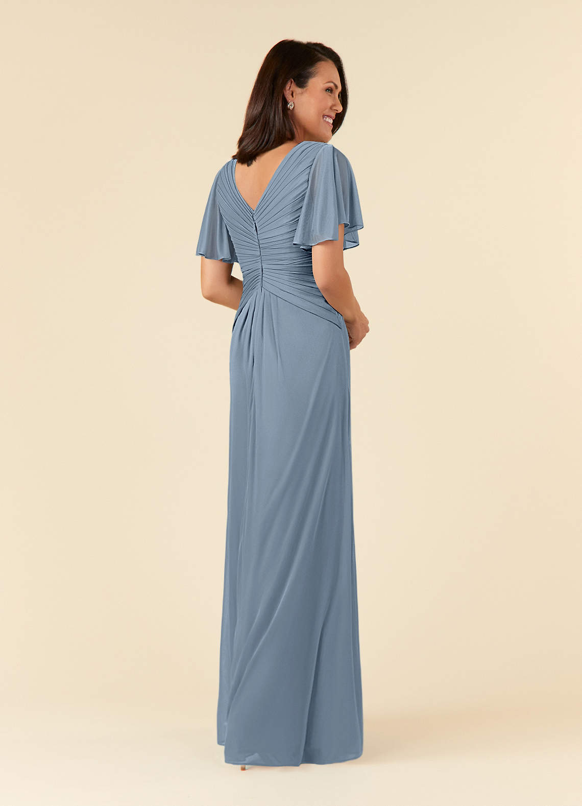 Azazie Emmeline Mother of the Bride Dresses Dusty Blue A-Line V-Neck Pleated Mesh Dress image3