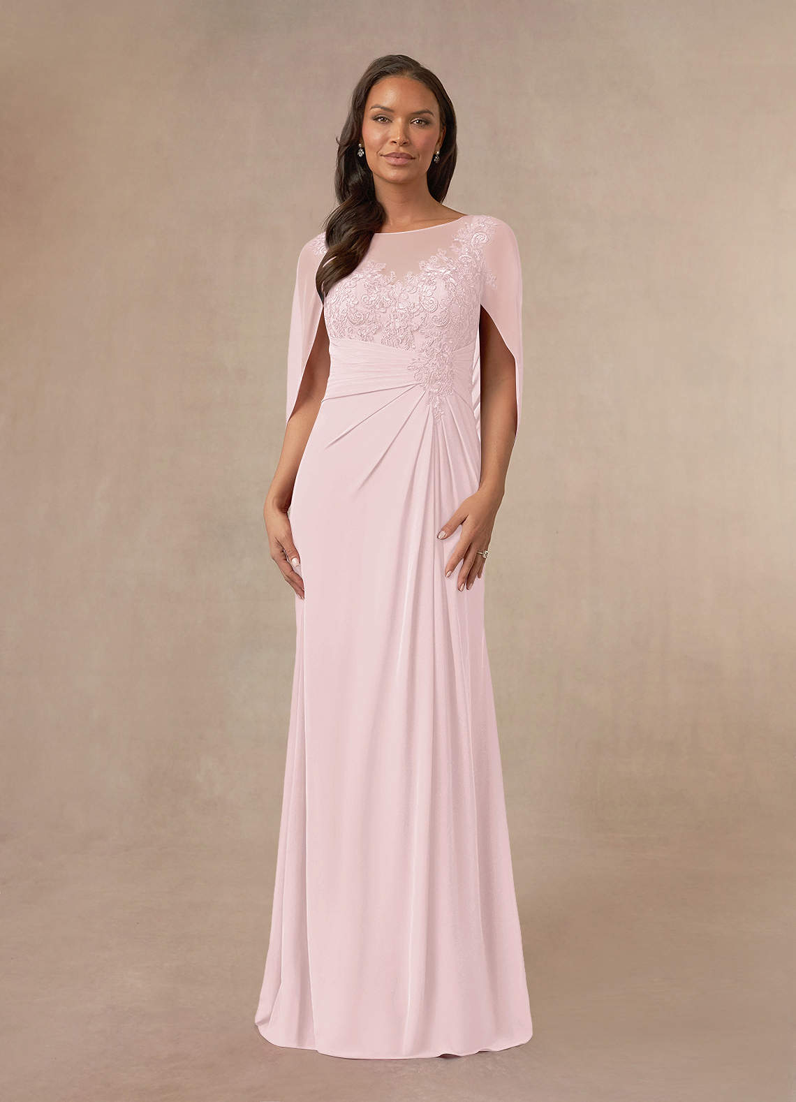 Azazie Hera Mother of the Bride Dresses Blushing Pink A-Line Lace Capelet Chiffon Dress image1