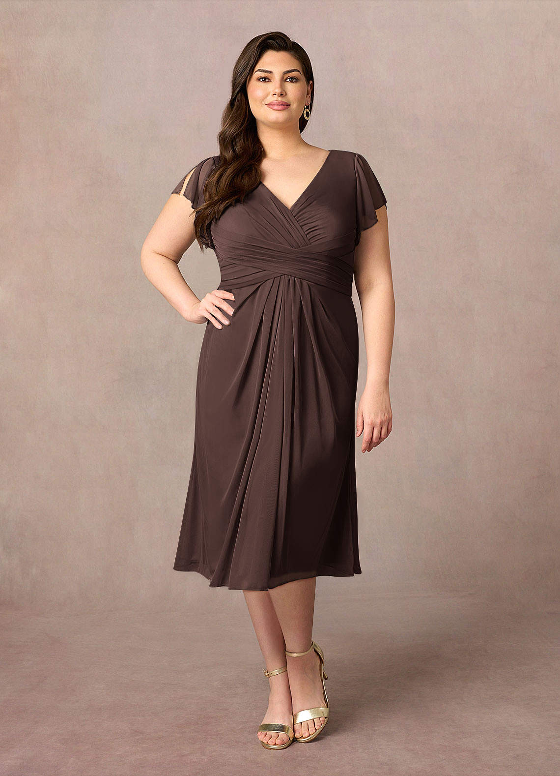 Azazie Vera Abiti per la Madre della Sposa Abito A-Line in Maglia con Scollo a V a Pieghe Ganache image1
