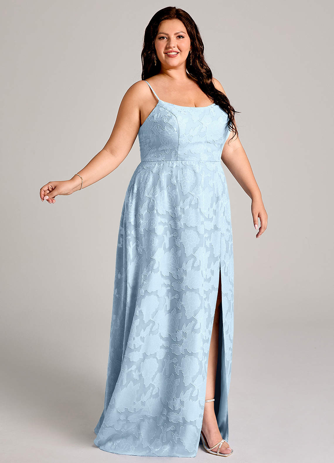 Azazie Moira Bridesmaid Dresses Sky Blue A-Line Side Slit Floral Burnout Dress image8