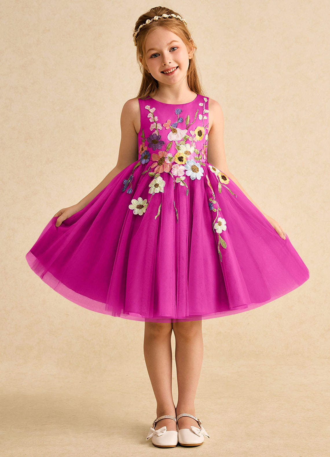 Azazie Prima Blumenmädchenkleider A-Linie Schleifen Tüll Kleid Fuchsia image1