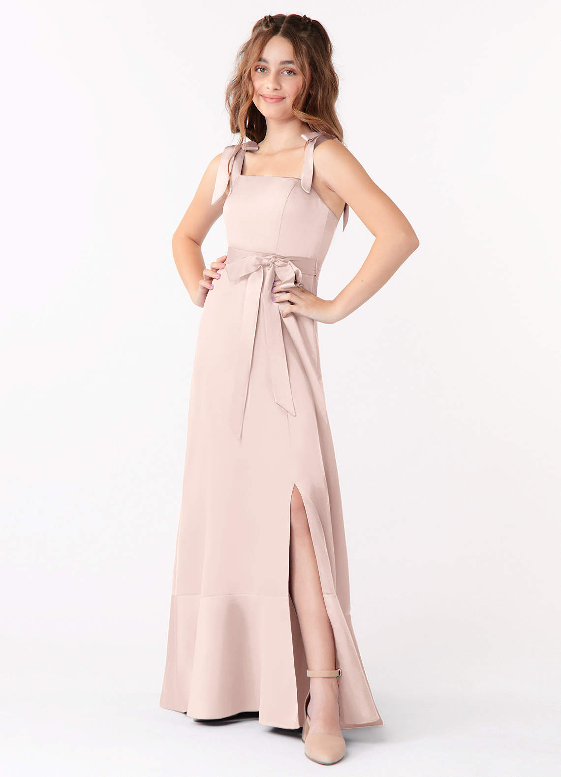 Azazie Barbara Junior Blushing Pink A-Line Bow Stretch Satin Dress image1