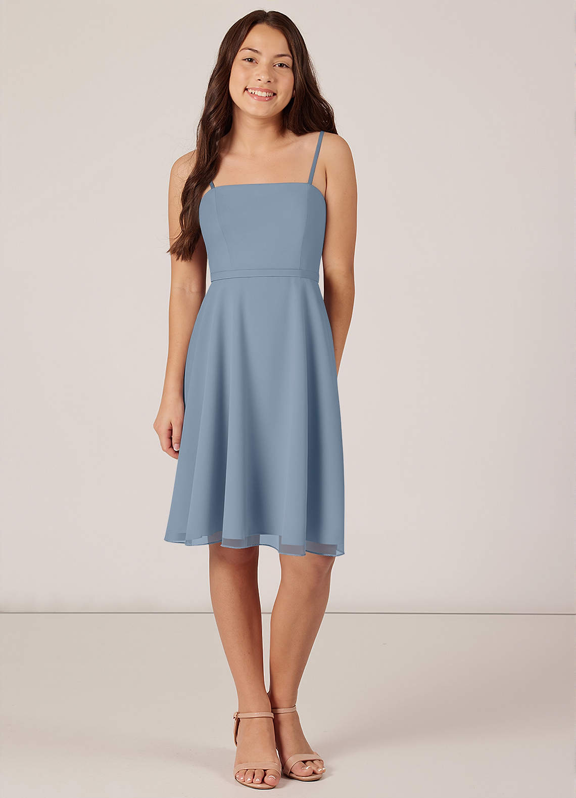 Azazie Kalie Junior Dusty Blue A-Line with Belt Chiffon Dress image1
