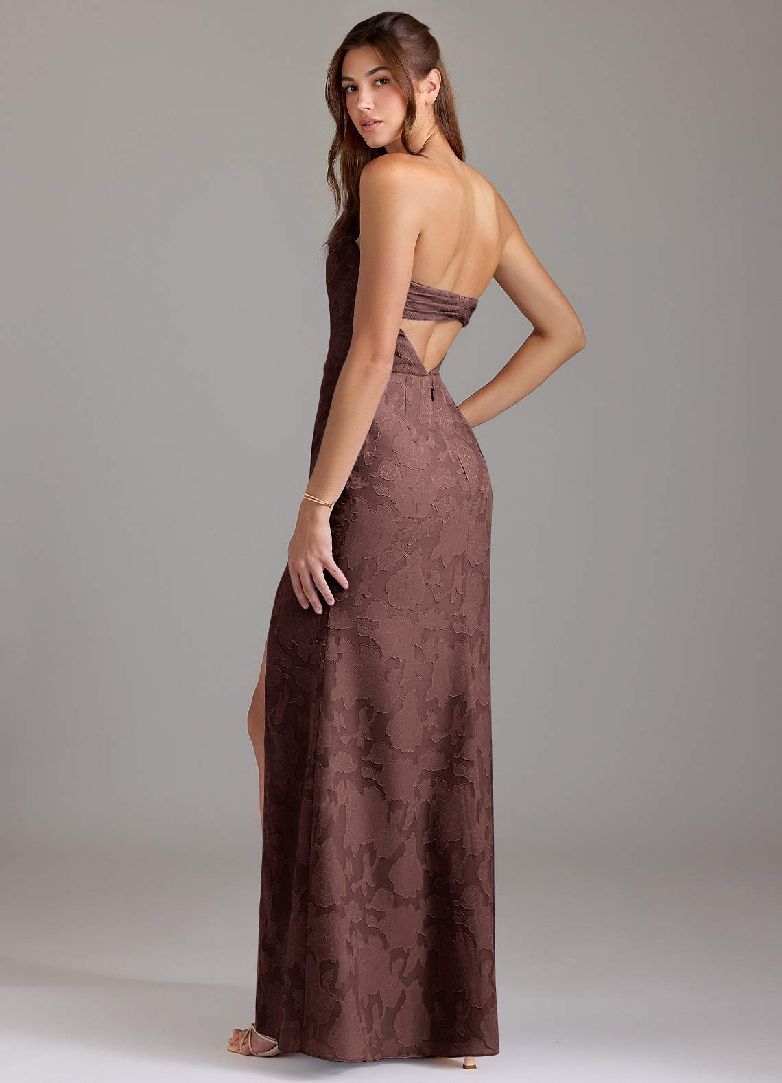 Azazie Leonis Espresso Floral Burnout Bridesmaid Dresses | Azazie