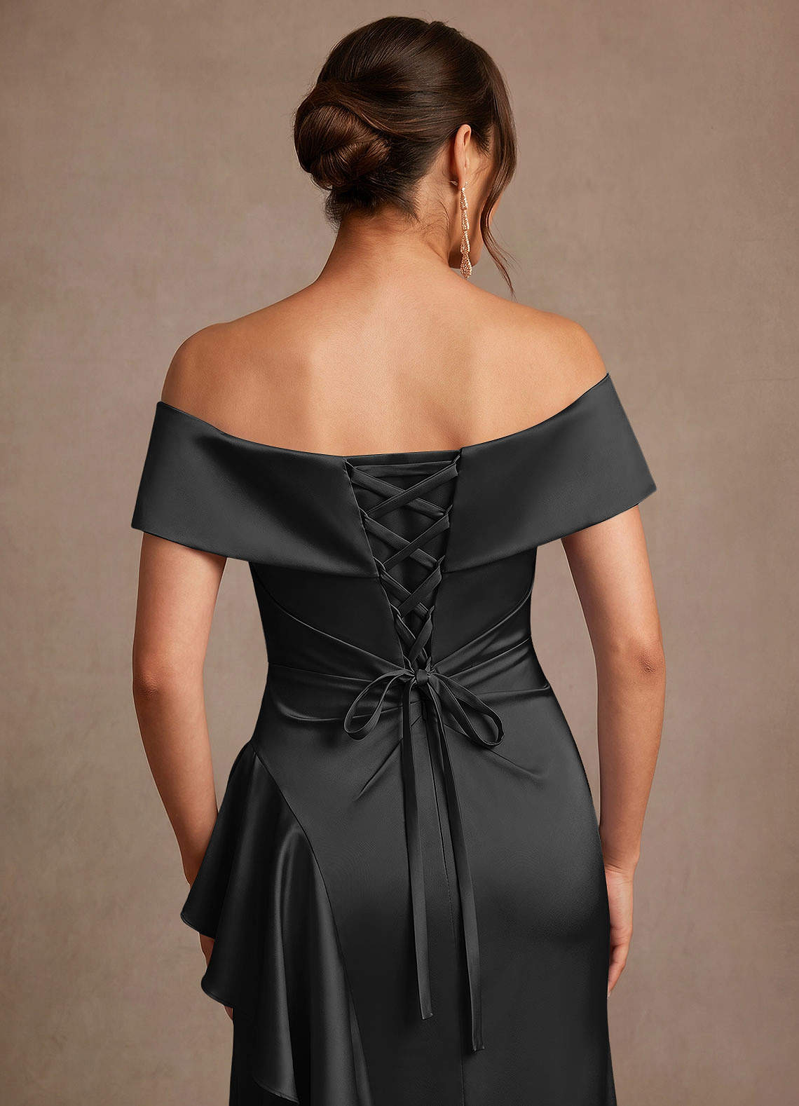 Azazie Kirsty Mother of the Bride Dresses Black Sheath Off the Shoulder Stretch Satin Dress image5