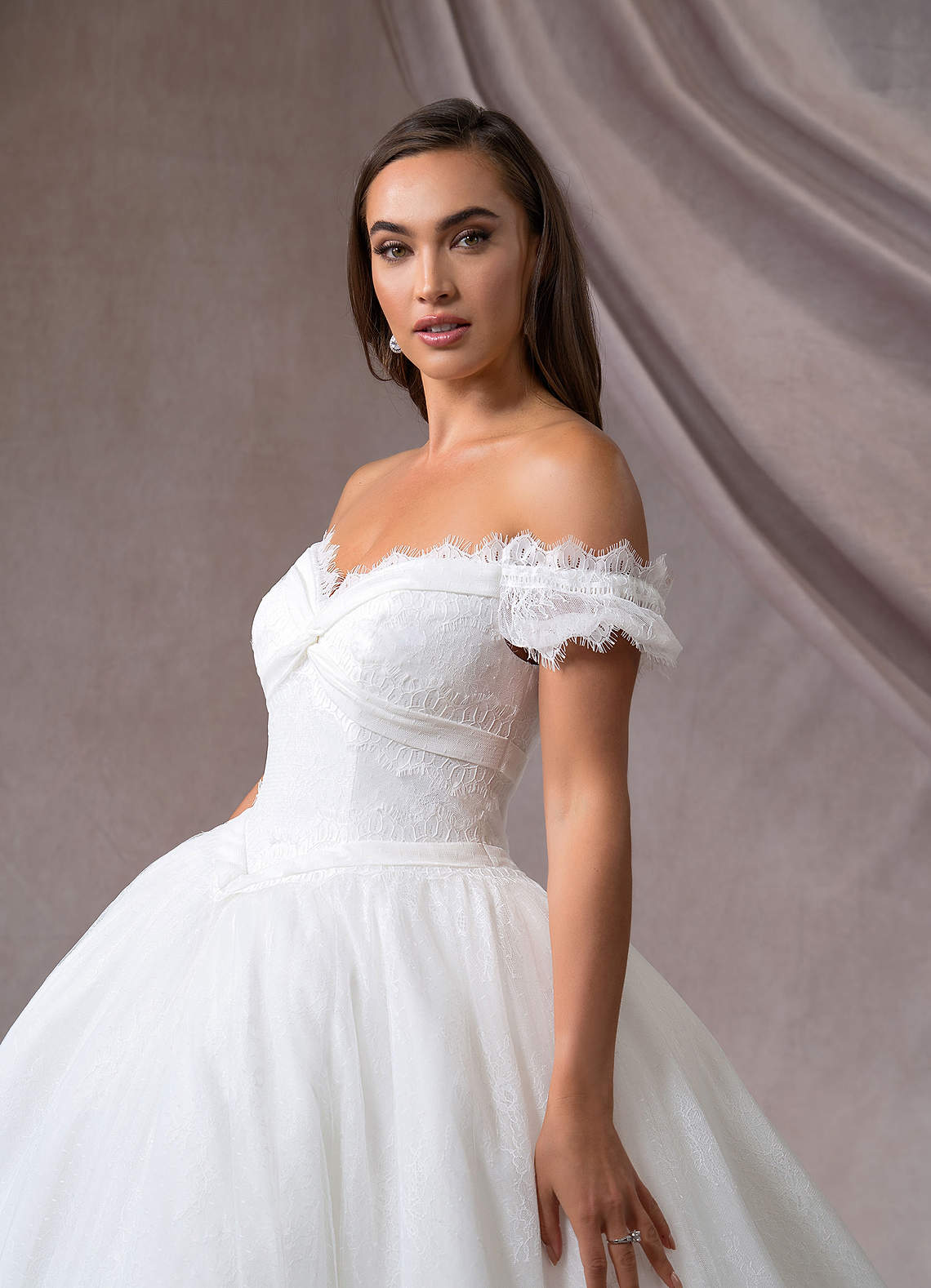 Diamond White Azazie Beatriz Ball Gown Off the Shoulder Lace