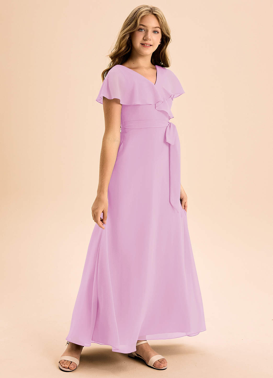 Azazie Lainey Junior Vestido de Rosa Caramelo de Gasa de Corte En A con Con bolsillos image3