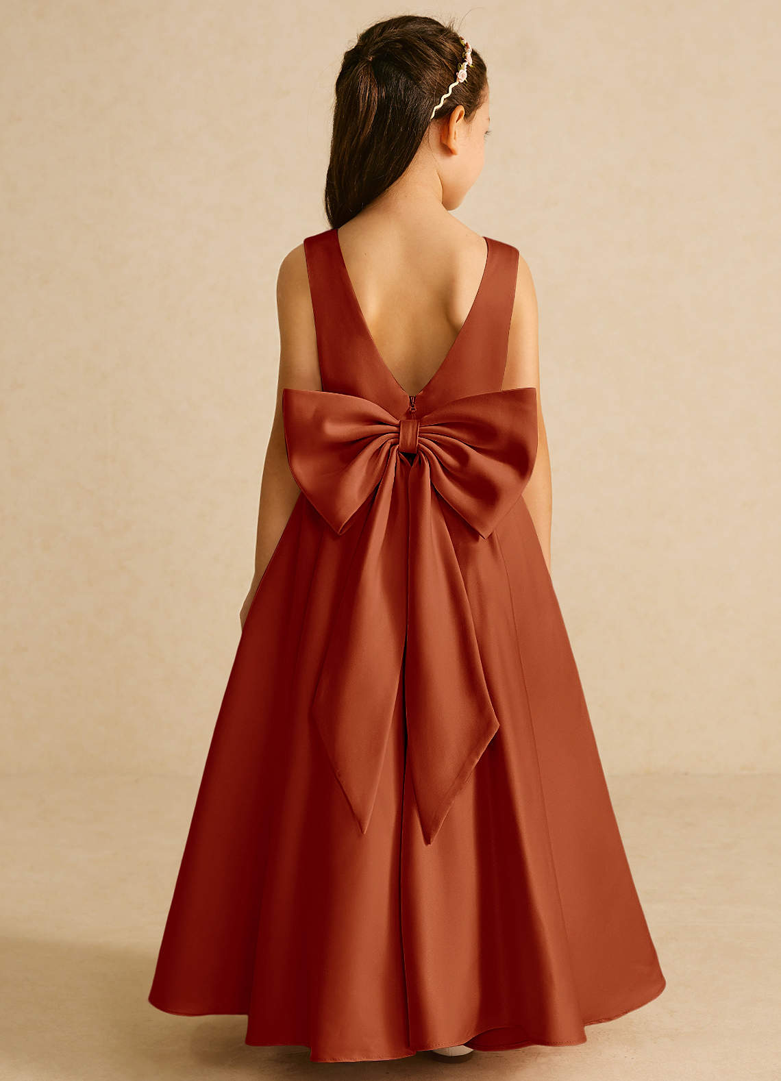 Azazie Pipsy Flower Girl Dresses Paprika A-Line Bow Matte Satin Dress image1