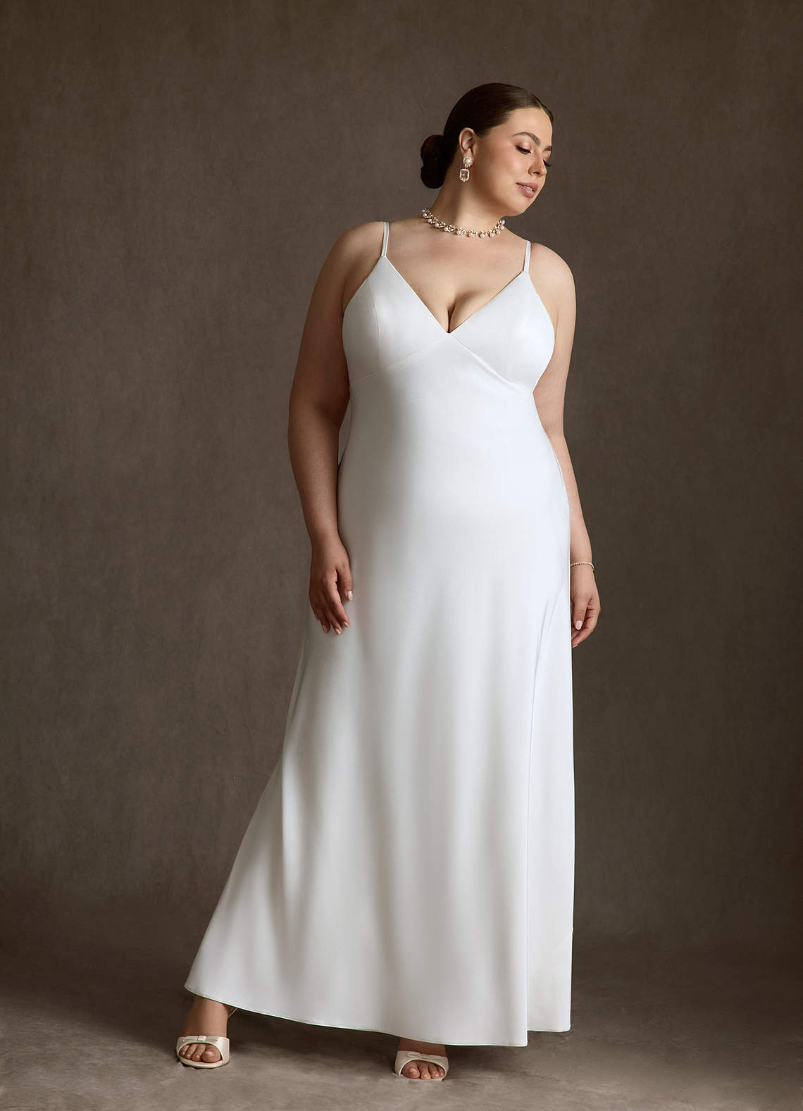 Azazie Caity Wedding Dresses Diamond White Fit and Flare Crepe Back Satin Dress image16
