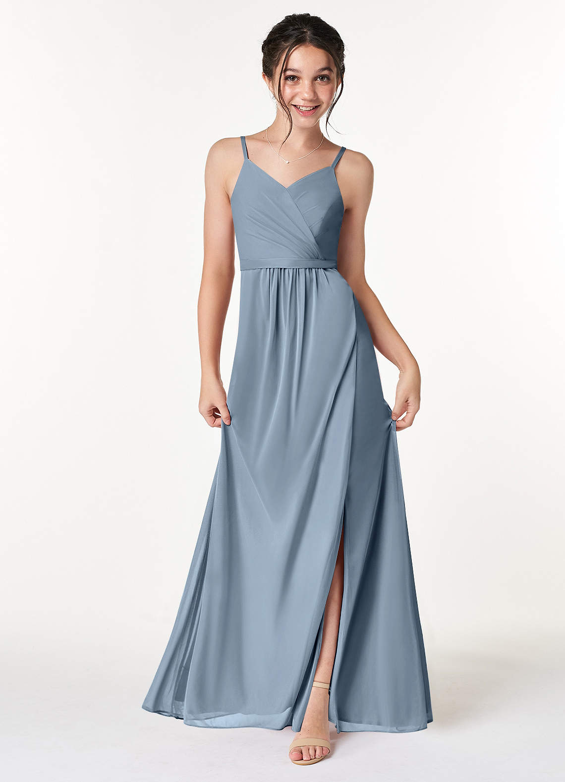 Azazie Luxy Junior Jurk van Mesh Geplooid Stoffig Blauw image1
