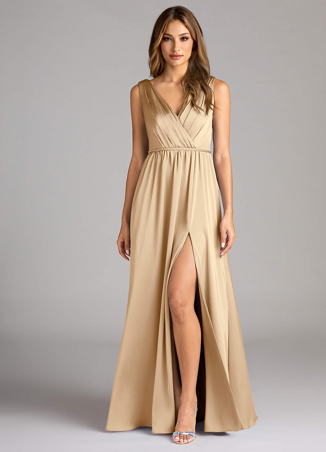 Azazie Tanicia Brautjungfernkleider A-Linie Plissee Stretch-Satin Kleid Champagner image1