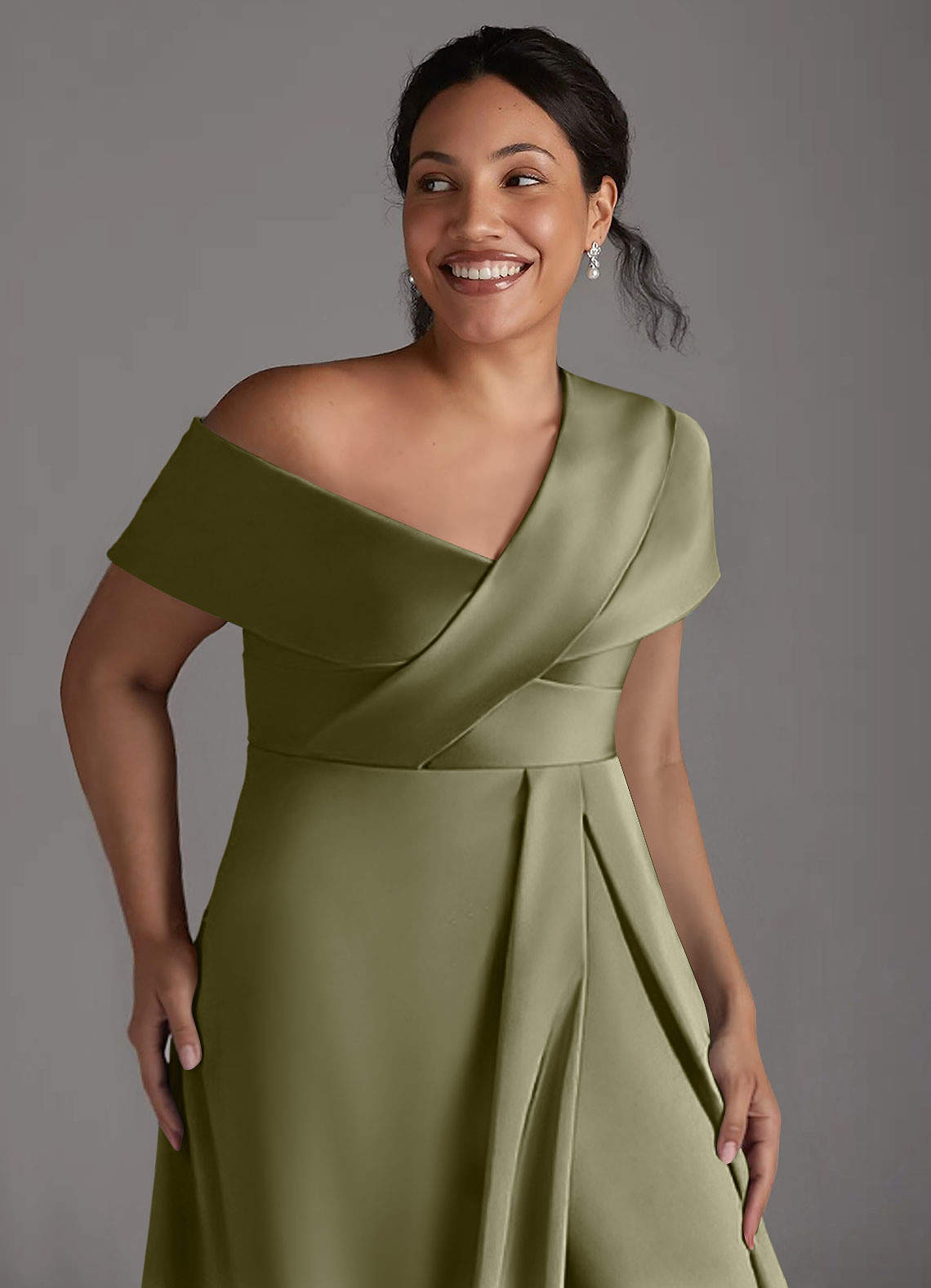 Azazie Milton Mother of the Bride Dresses Pistachio A-Line Pleated Stretch Satin Dress image12