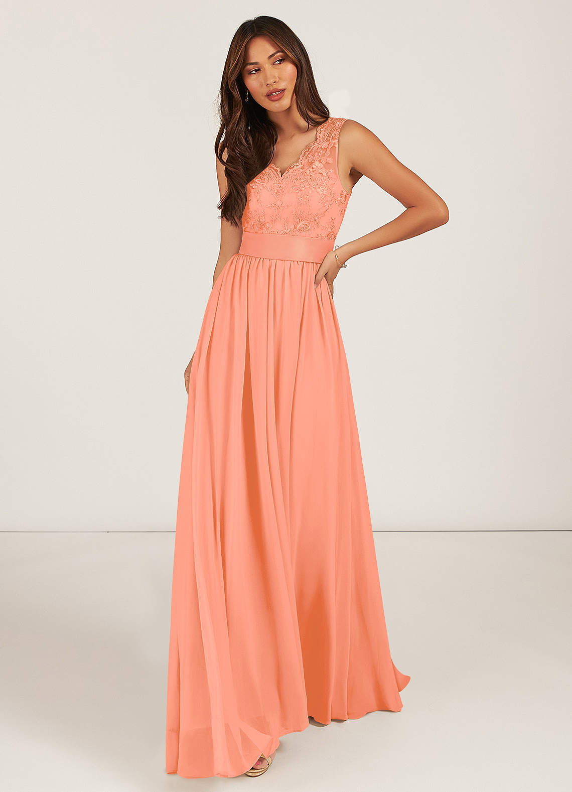 Azazie Gertrude Bridesmaid Dresses Sunset A-Line Lace Chiffon Dress image1