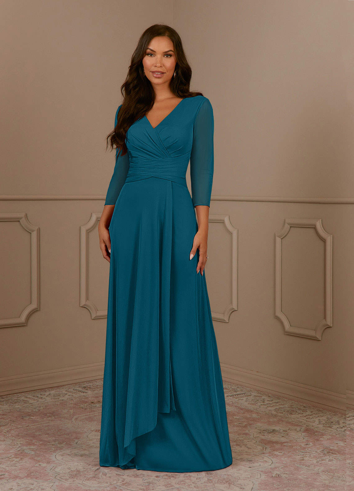 Azazie Annetta Mother of the Bride Dresses Ink Blue A-Line V-Neck Pleated Mesh Dress image1