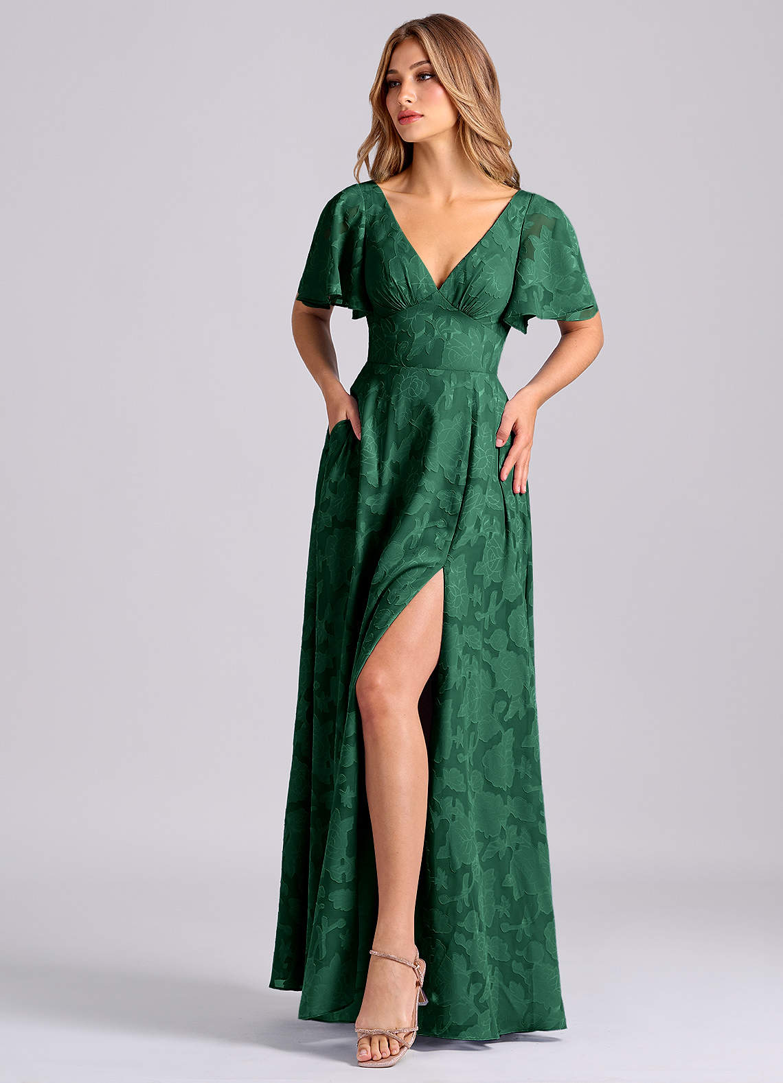 Azazie Kimber Bridesmaid Dresses Dark Green A-Line with Pockets Floral Burnout Dress image5