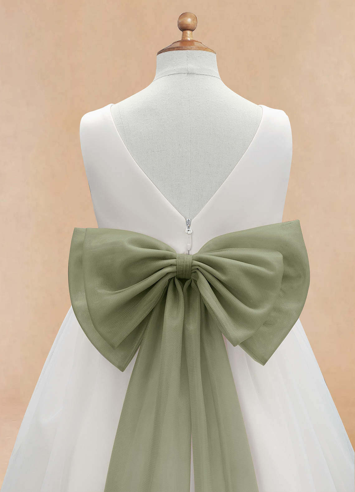Azazie Kavi Flower Girl Dresses Ivory Pistachio A-Line Bow Matte Satin Dress image9