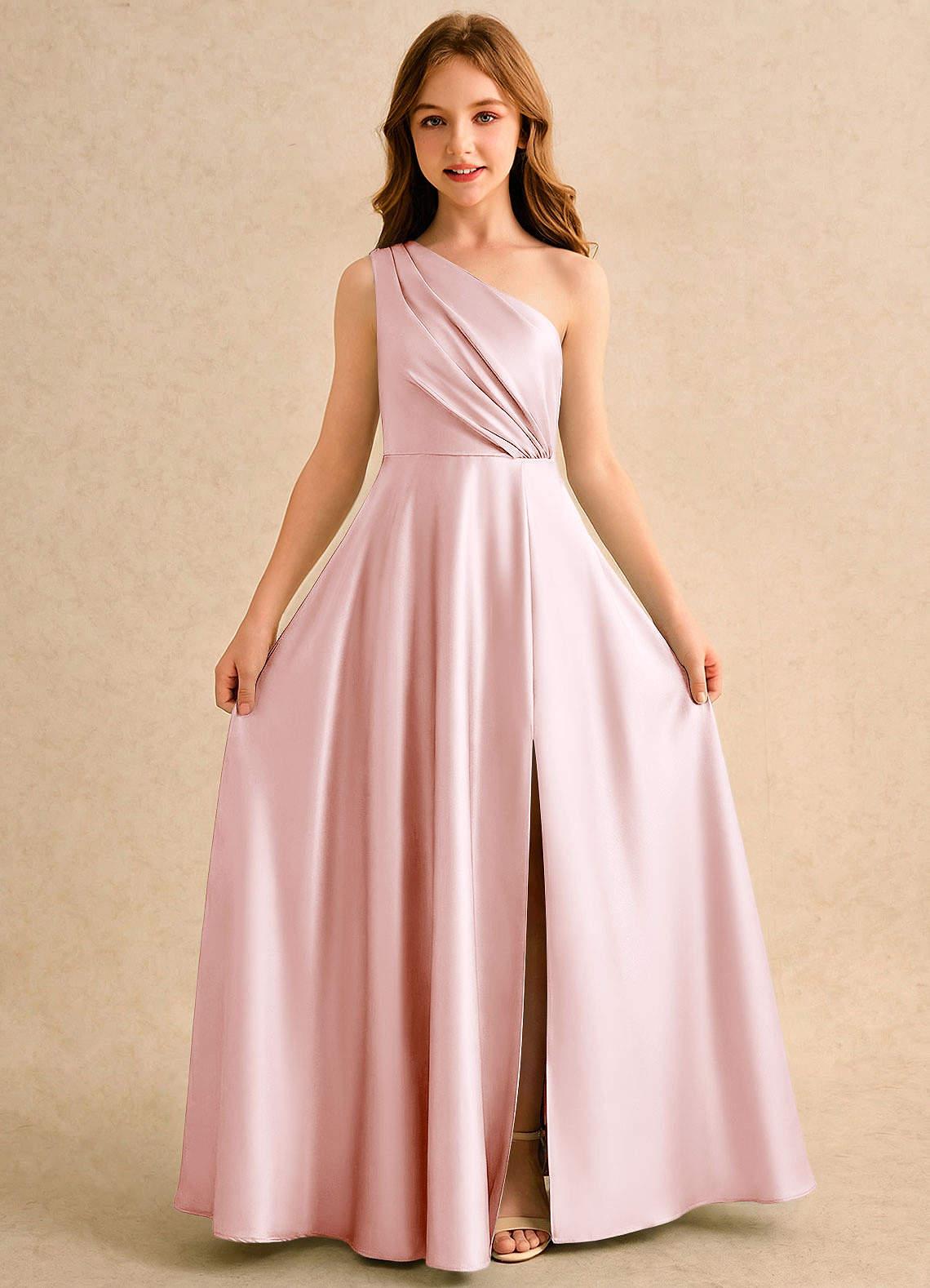 Azazie Puddles Girls Formal Flower Girl Klänningar Klä A-Line i Stretch Satin Ena axeln image4