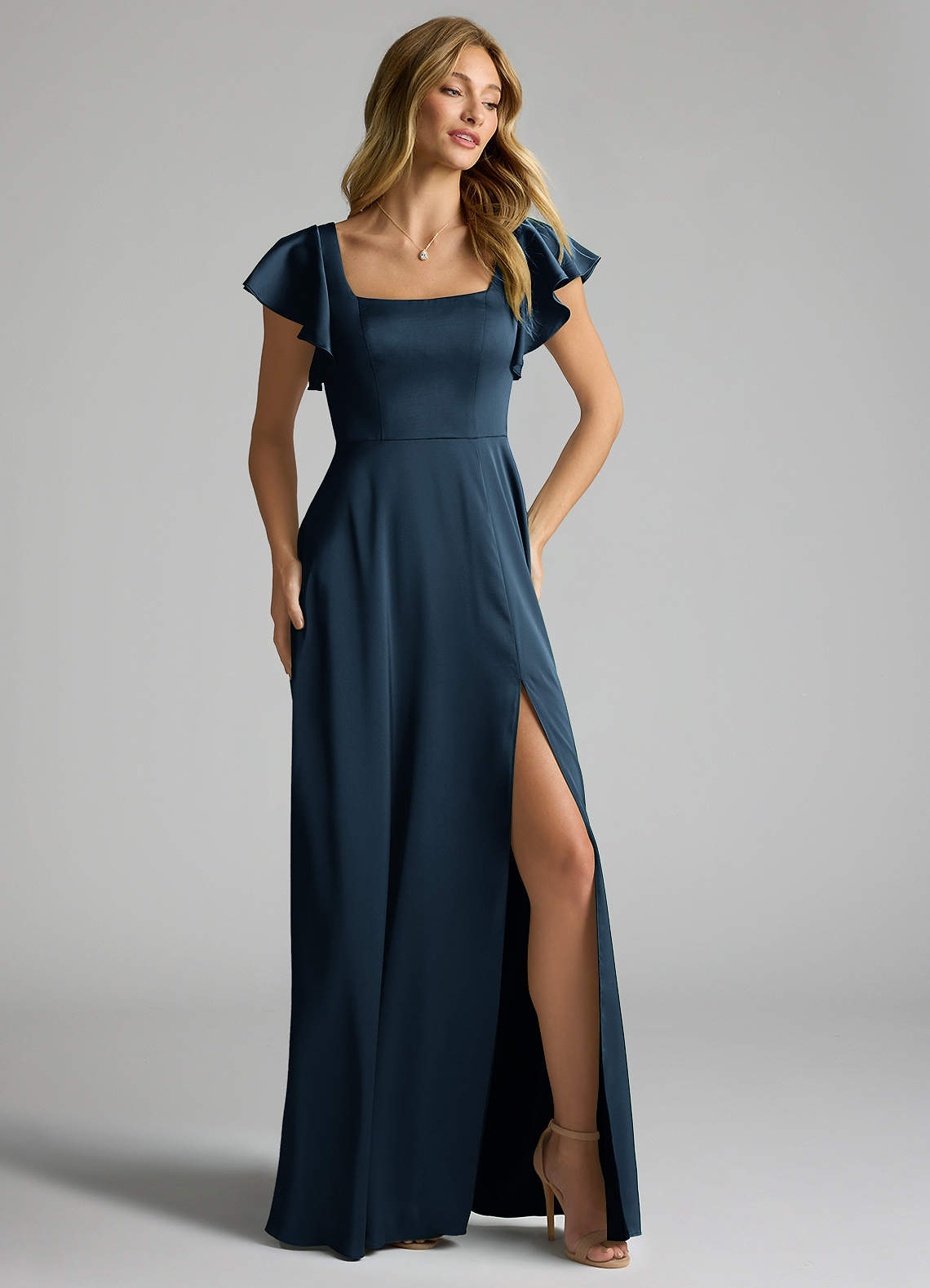 navy floor length bridesmaid dresses Azazie A-Line Square Neck Floor-Length Stretch Satin the fabric drapes beautifully S.Parcel Royal Blue One Shoulder Color:MARLIN