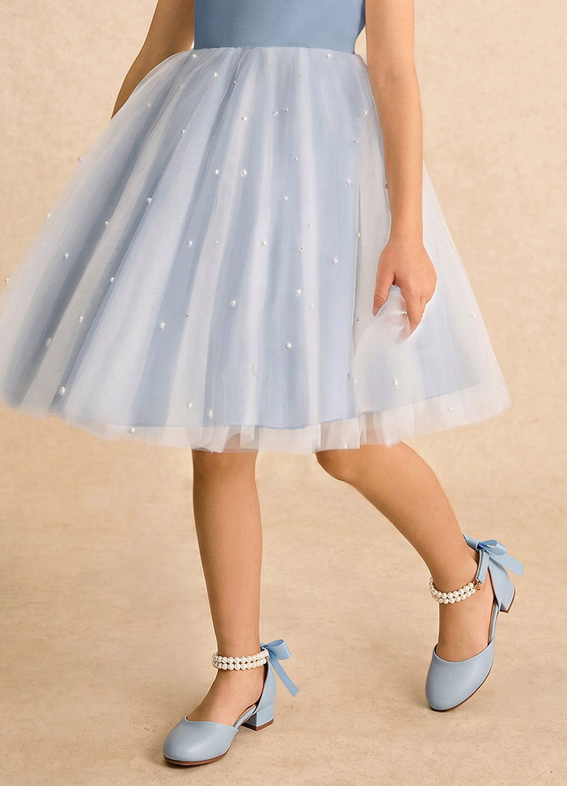 front Satin Bow Pearl Strap Girl's Block Heels for Little & Big Kids