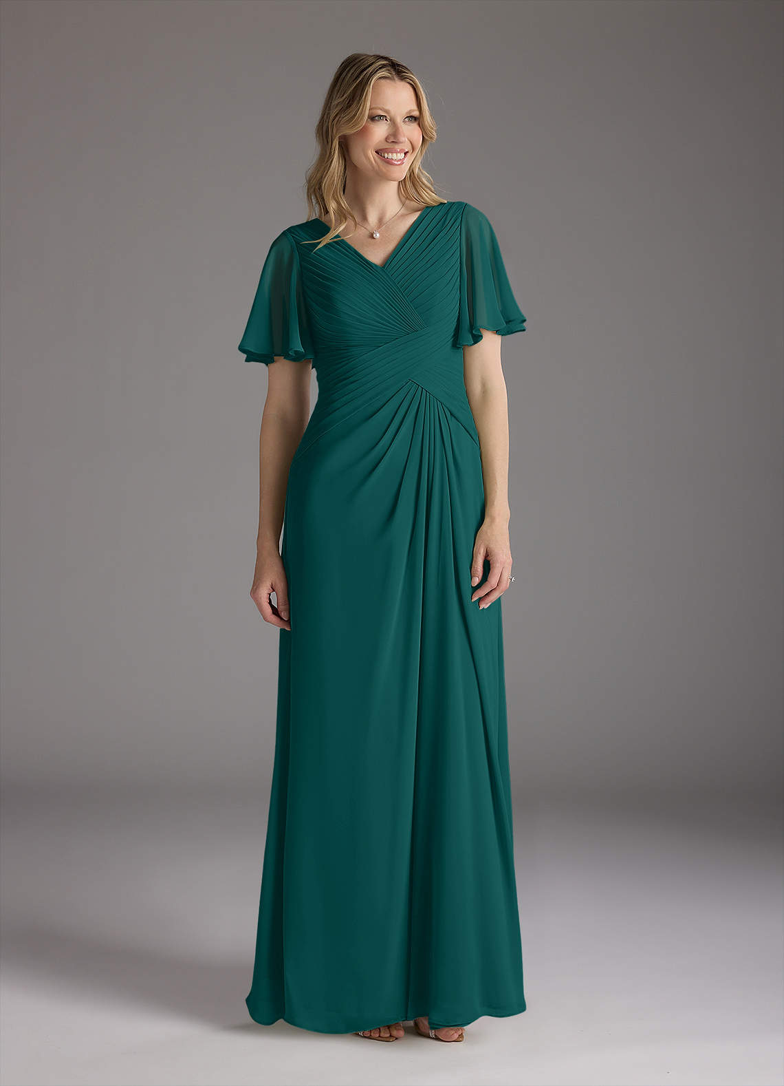 Azazie Morning Glory Kleider für die Brautmutter A-Linie V-Hals Gerüscht Chiffon Kleid Pfau image1