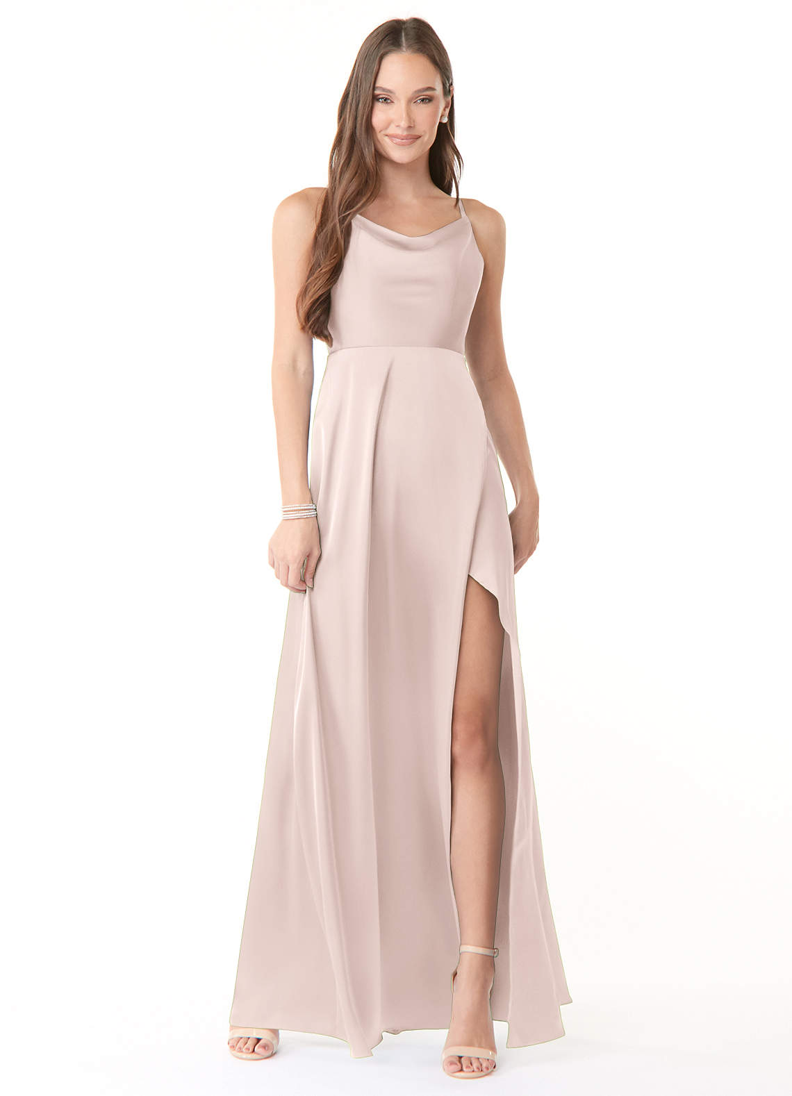 Azazie Naomie Bridesmaid Dresses Blushing Pink A-Line Cowl Neckline Side Slit Stretch Satin Dress image1