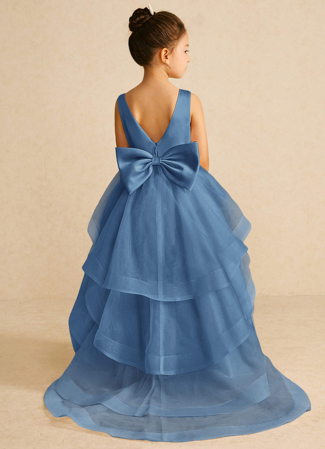 Azazie Pumpkin Flower Girl Dresses Steel Blue A-Line Bow Tulle Dress image1