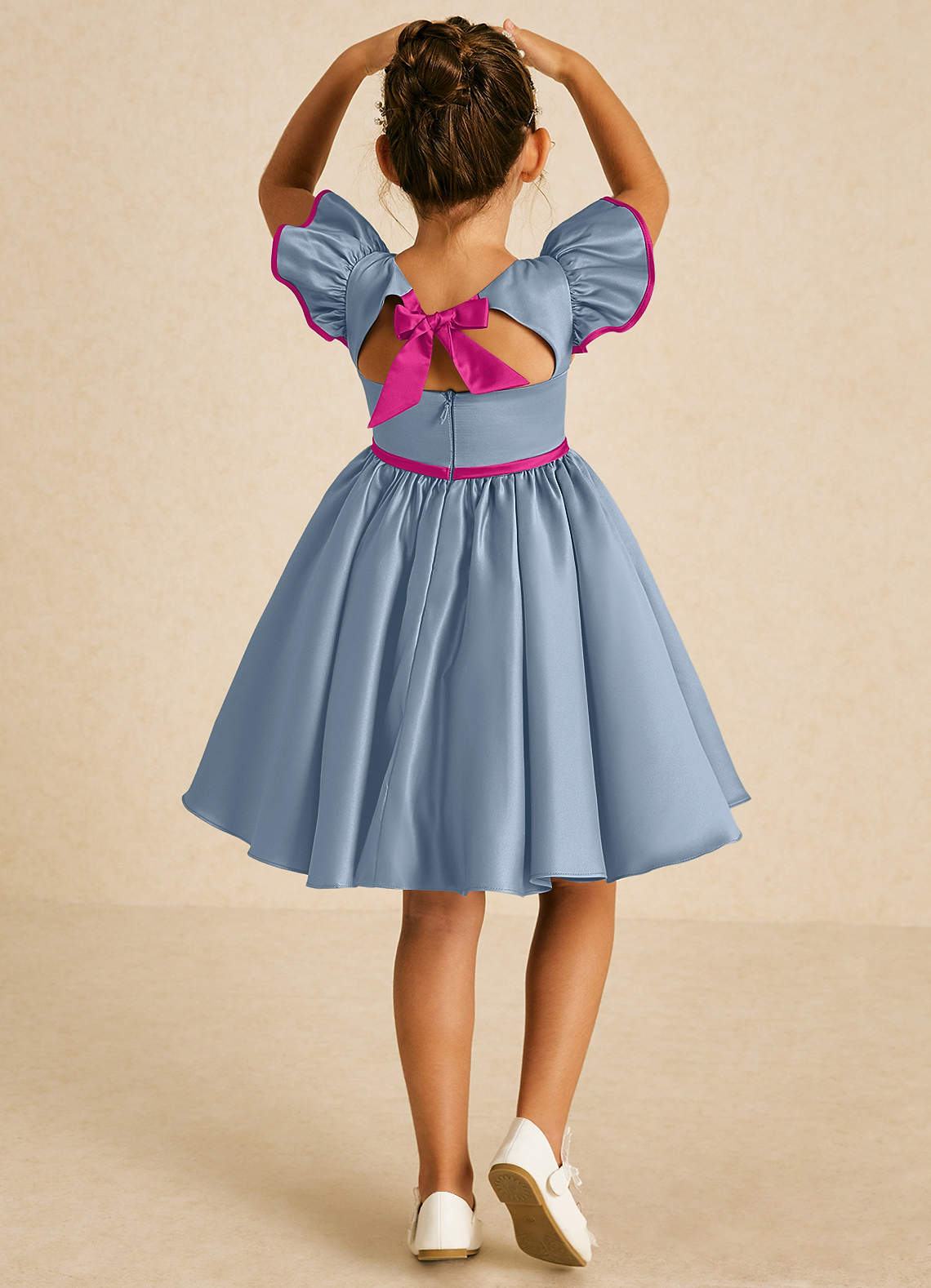 Azazie Sugar Plum vestidos de niña de las flores Vestido de Azul Polvoriento Fucsia de Satin Mate de Corte En A con Lazo image1