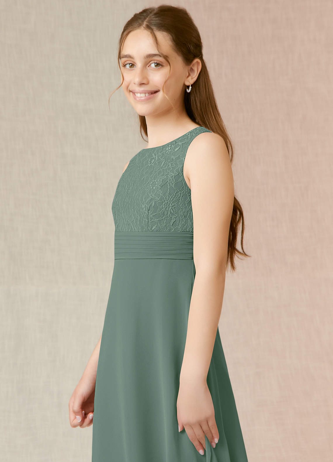 Azazie Snow Junior Eucalyptus A-Line Lace Chiffon Dress image4