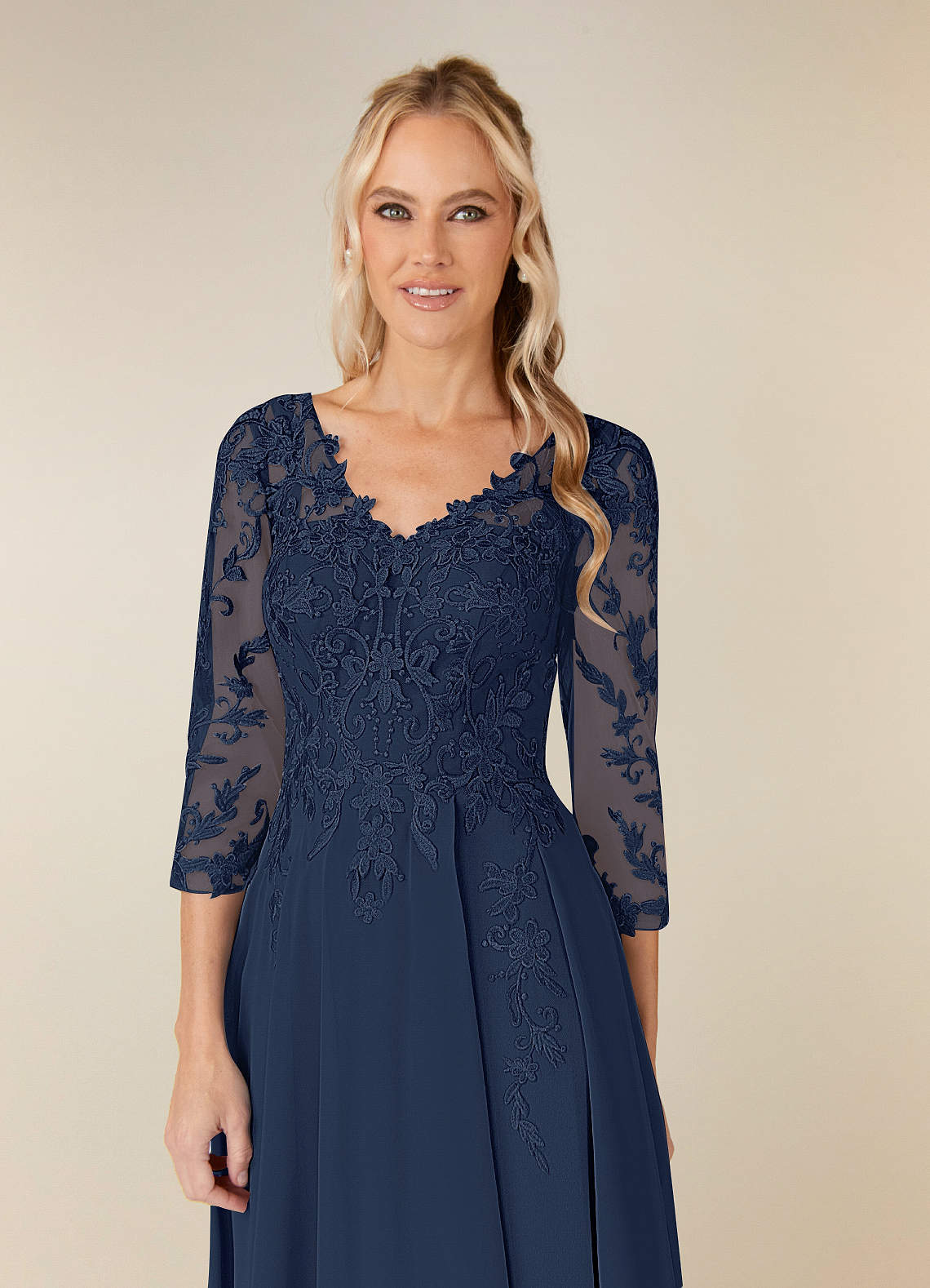 knee length dresses for ladies Navy Blue Mermaid Satin V Neck Lace Prom Dresses, PL642 main image 0