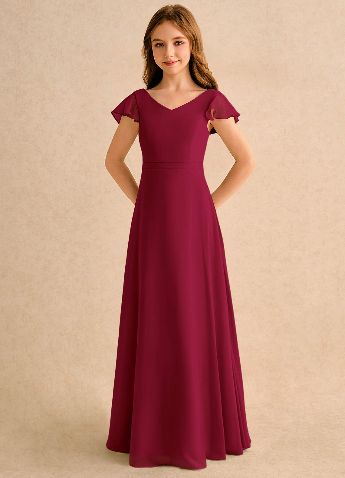 Azazie Nari Girls Formal Flower Girl Dresses Burgundy A-Line with Sleeves Chiffon Dress image5