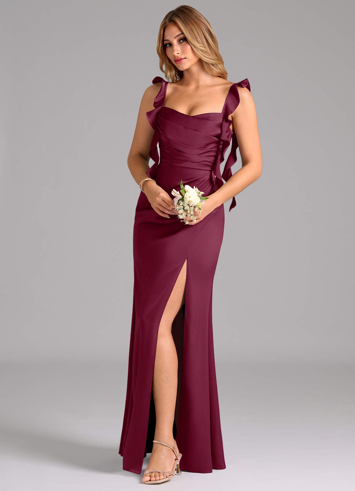 Azazie Jessamine Bridesmaid Dresses Mulberry A-Line Corset Stretch Satin Dress image1
