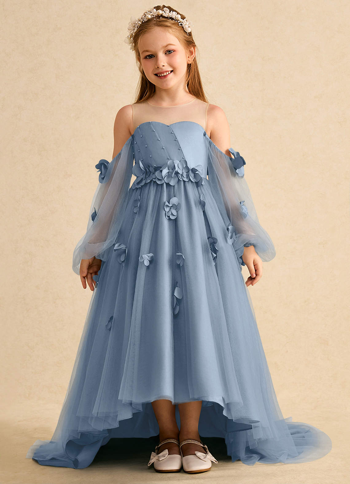 Azazie Karrie Blumenmädchenkleider A-Linie mit ärmel Tüll Kleid Staubblau image1