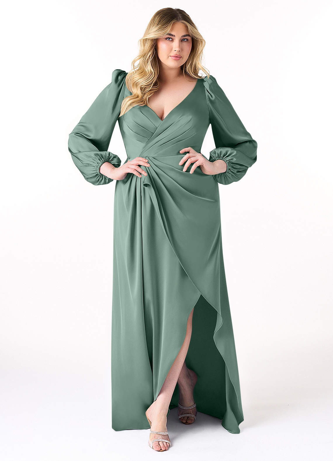Azazie Mel Bridesmaid Dresses Eucalyptus Sheath Long Sleeve Stretch Satin Dress image1