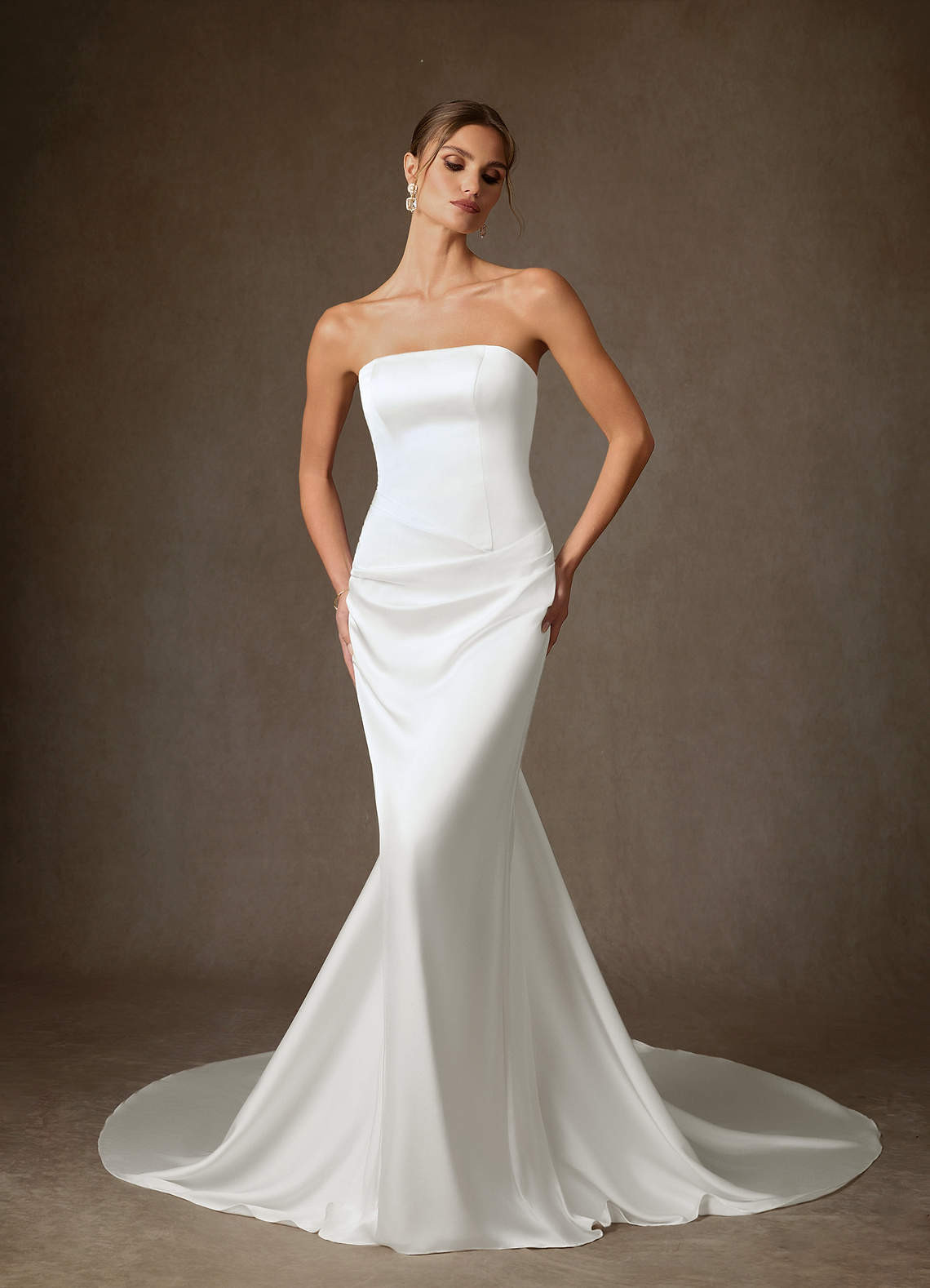 Azazie Begonia Wedding Dresses Diamond White Sheath Strapless Stretch Satin Dress image3