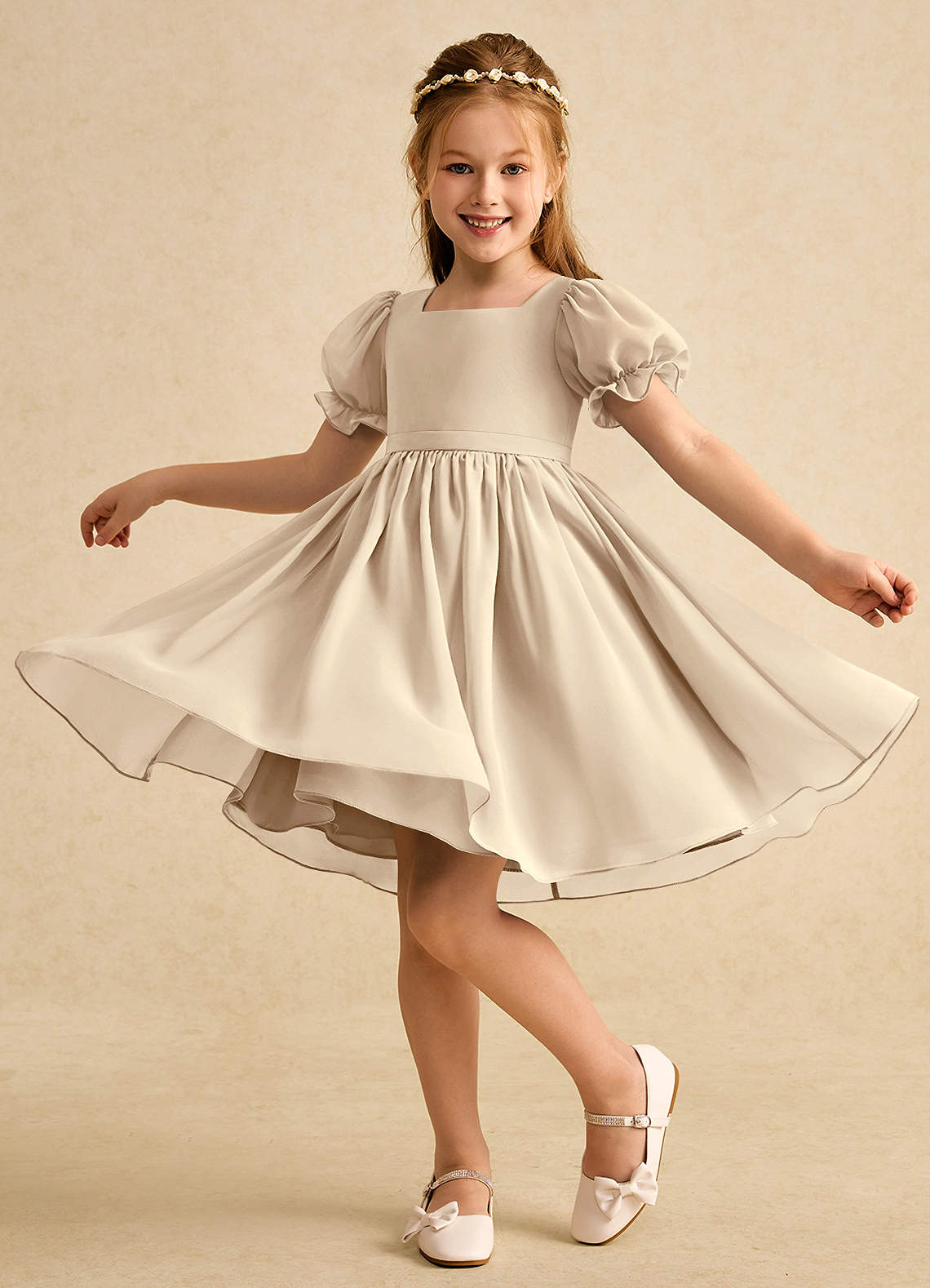 Azazie Jolie Blumenmädchenkleider A-Linie mit ärmel Chiffon Kleid Champagner image2