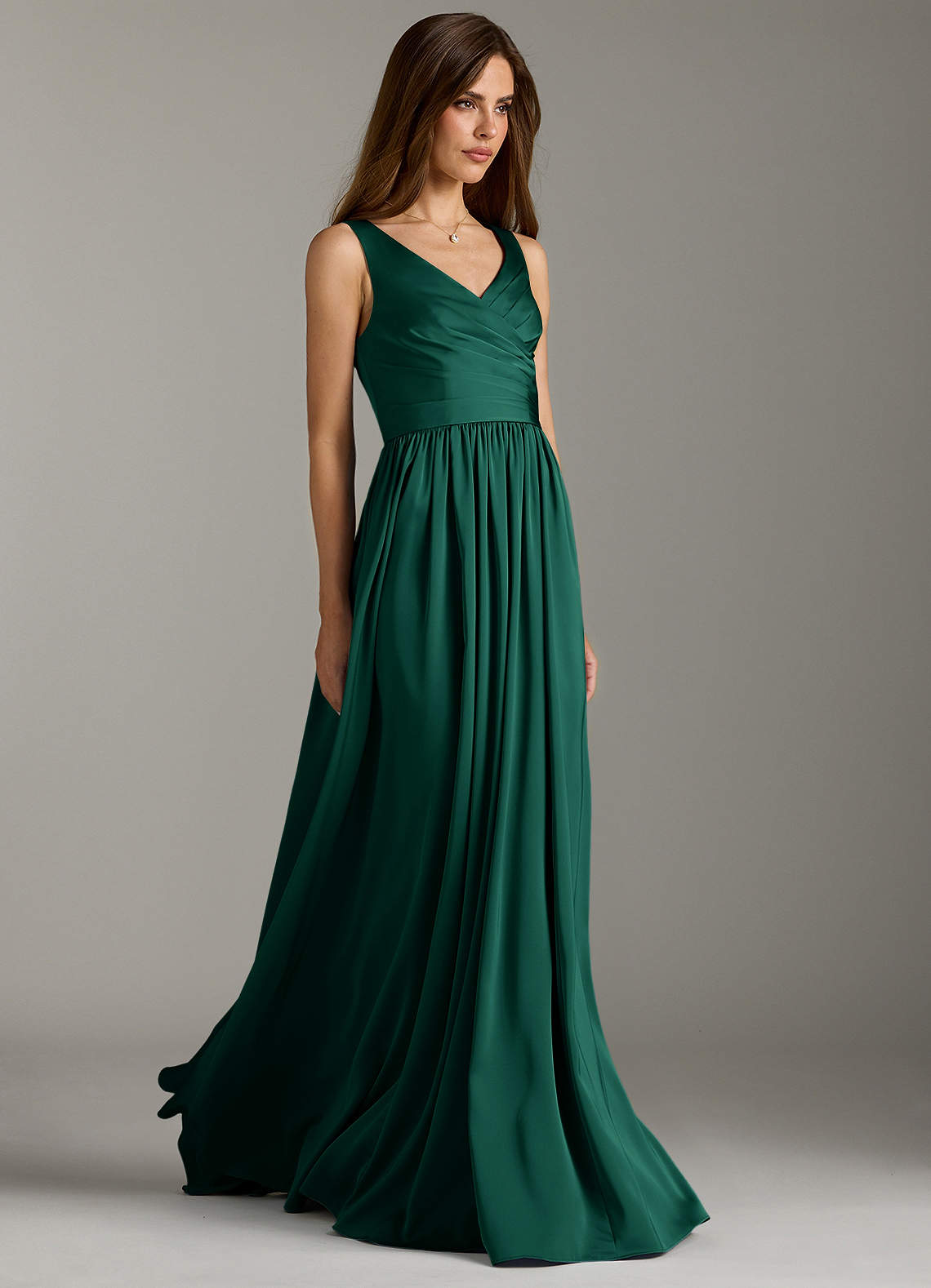Azazie Keyla Bridesmaid Dresses Emerald A-Line Pleated Stretch Satin Dress image1