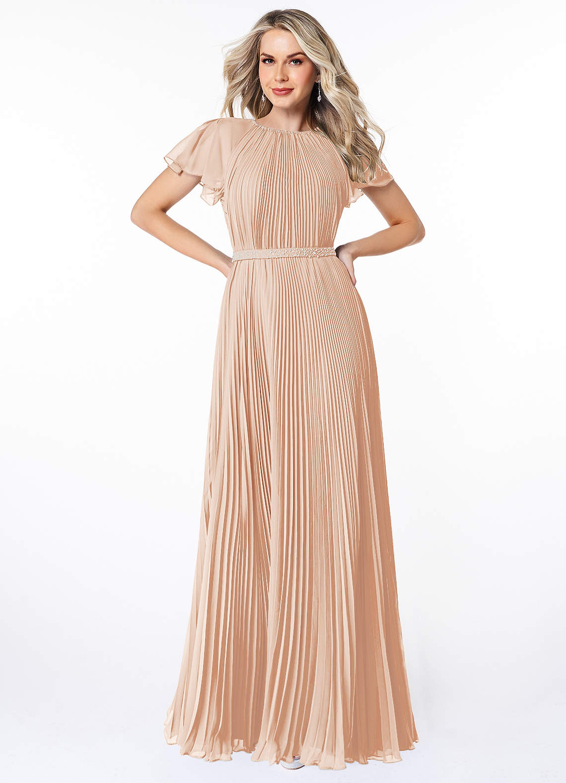 Azazie Kara Bescheiden Bruidsmeisjekleding A-Lijn Geplooid Chiffon Vloerlengte Jurk image1