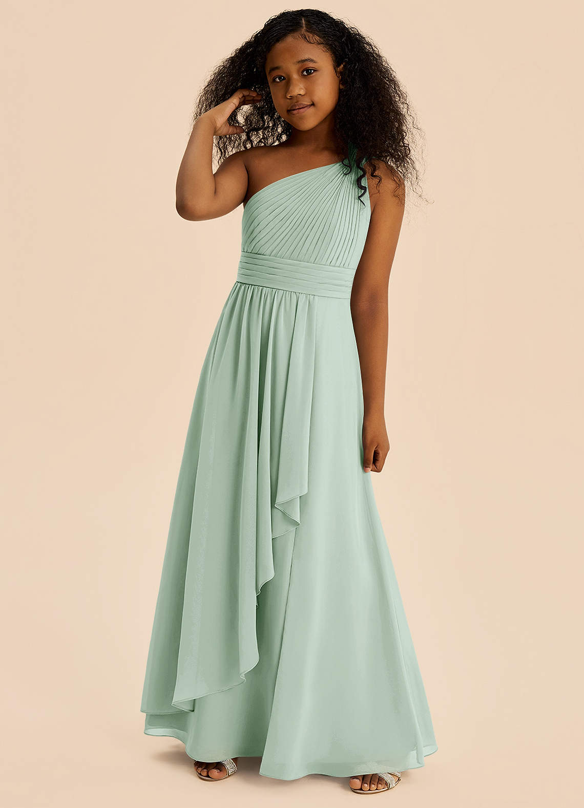 Azazie Skye Junior Abito A-Line in Chiffon Plissettato Agave image3