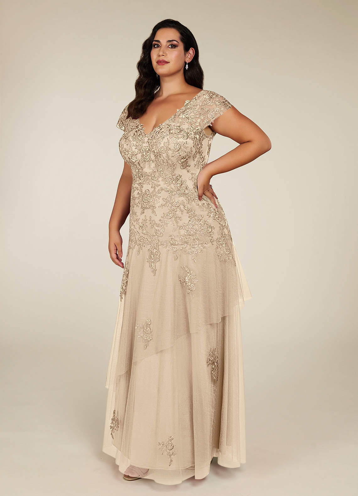 Azazie Romy Mother of the Bride Dresses Champagne Mermaid V-Neck Sequins Tulle Dress image8